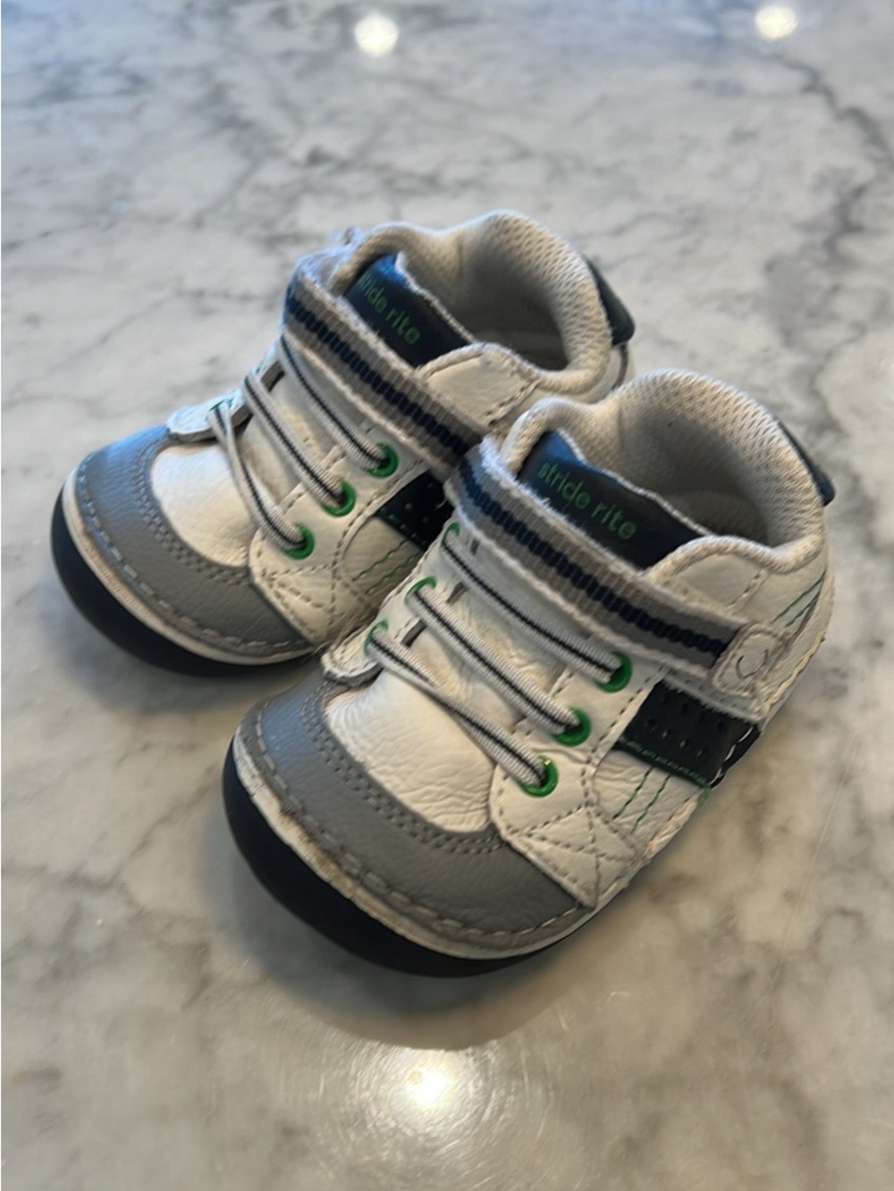 Stride Rite White, Gray & Black Toddler Sneakers with Green Accents